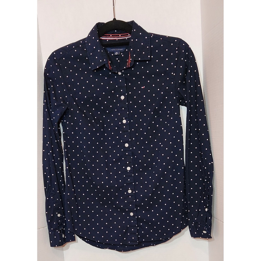 Tommy Hilfiger Womens Navy Blue Polka Dot Relaxed Fit Button Down Shirt XS